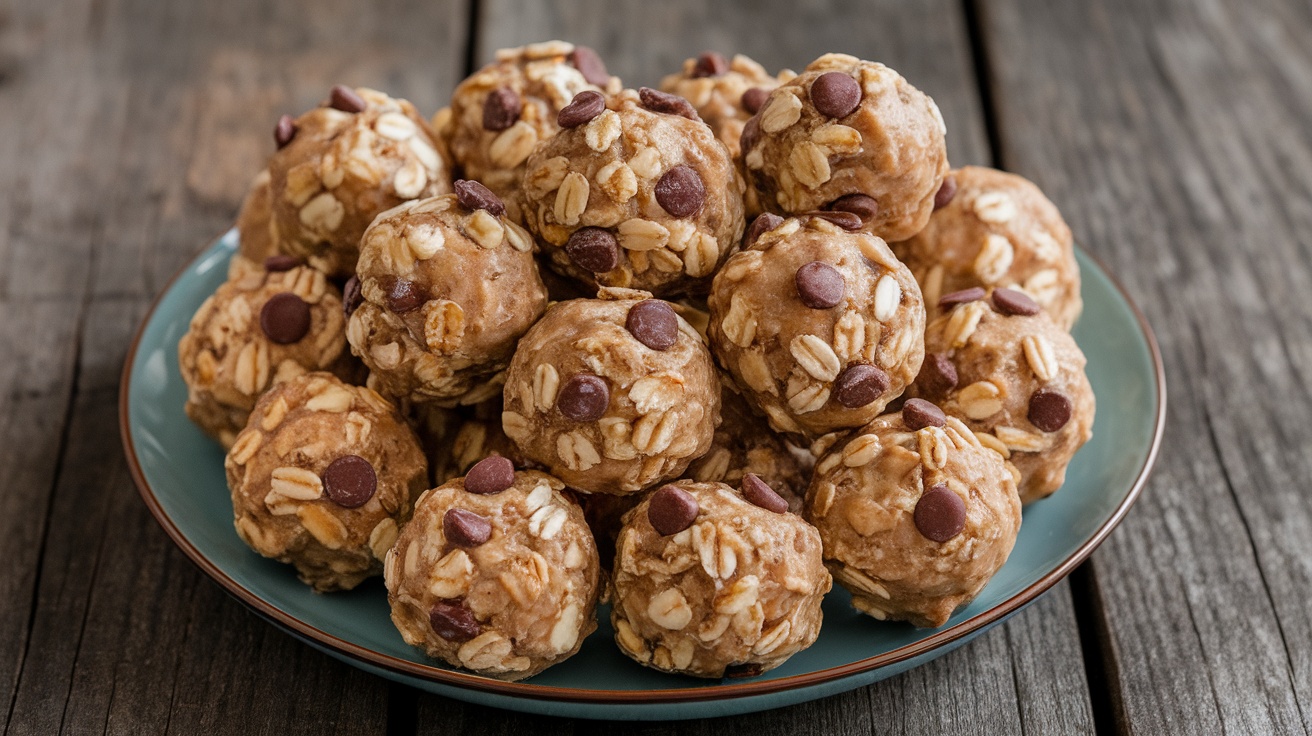 A plate of 5-ingredient vegan energy balls made from oats and chocolate chips on a rustic wooden surface.
